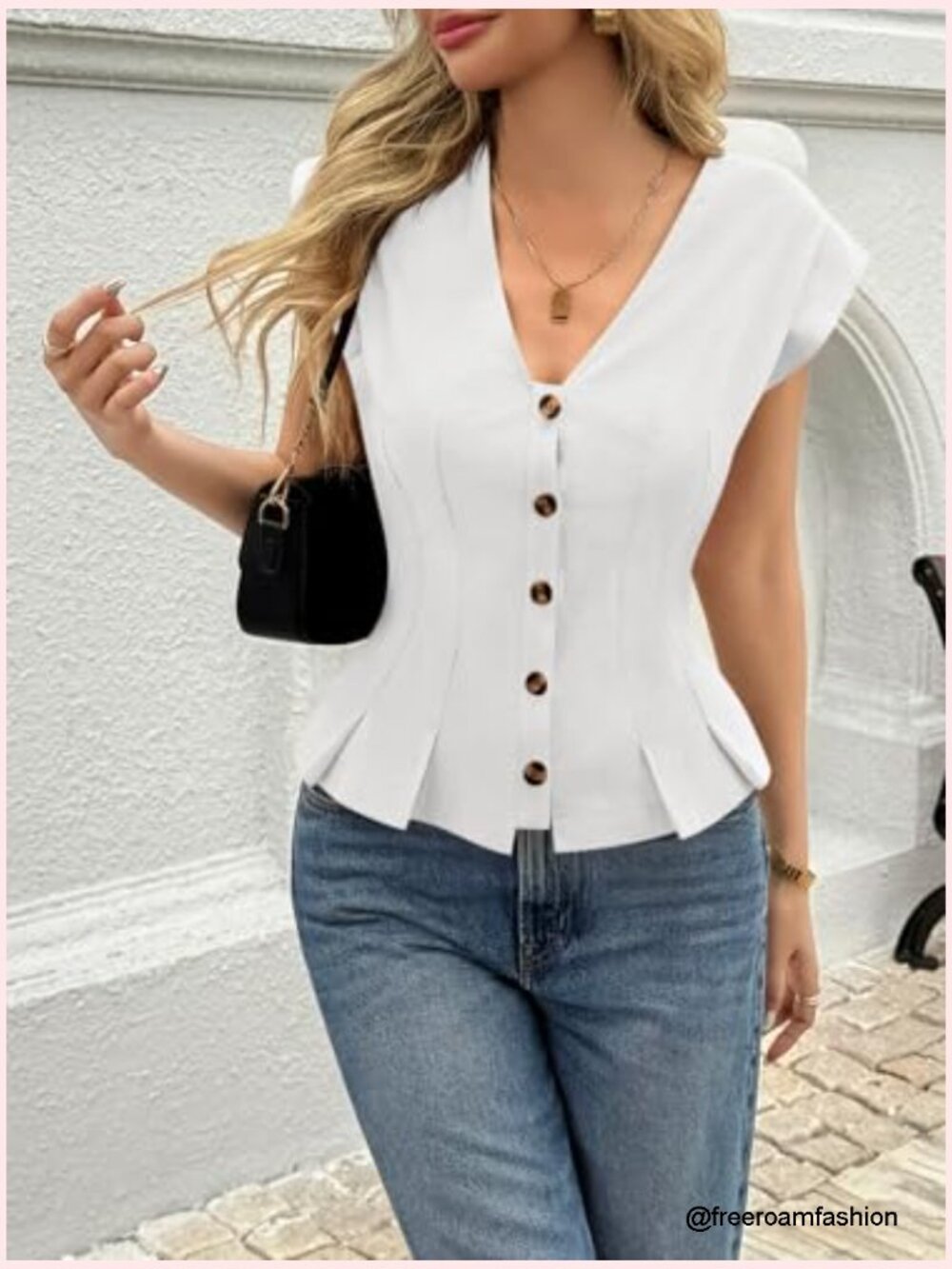 Deep V Neck Vest Top Cap Sleeve Ruffle Shirt Button Up Cotton Fitted Blouse - Picture 4 of 7